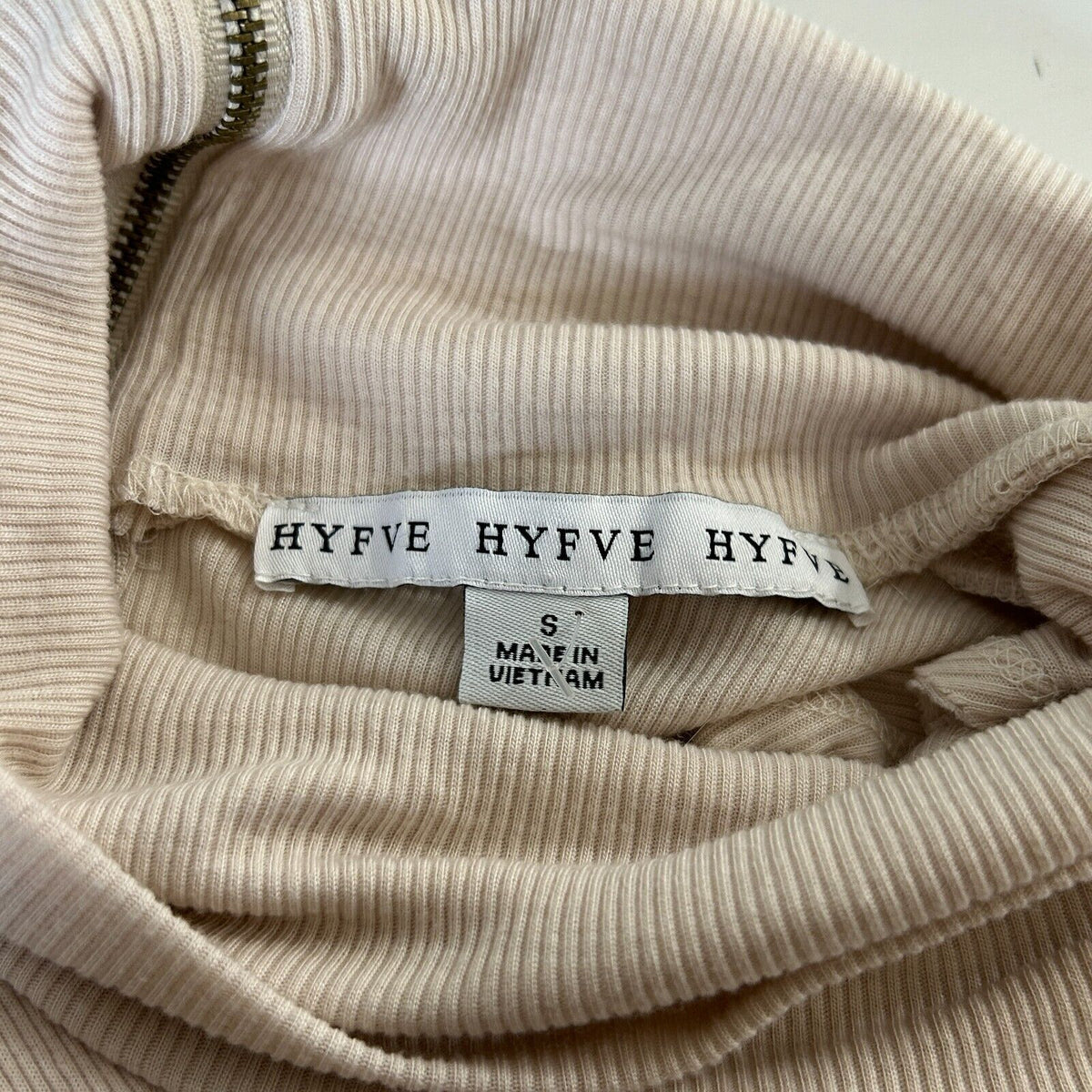 Hyfve Soft Cream Mock Neck Sleeveless Rib Knit Faux Asymmetrical Back Zip Dress
