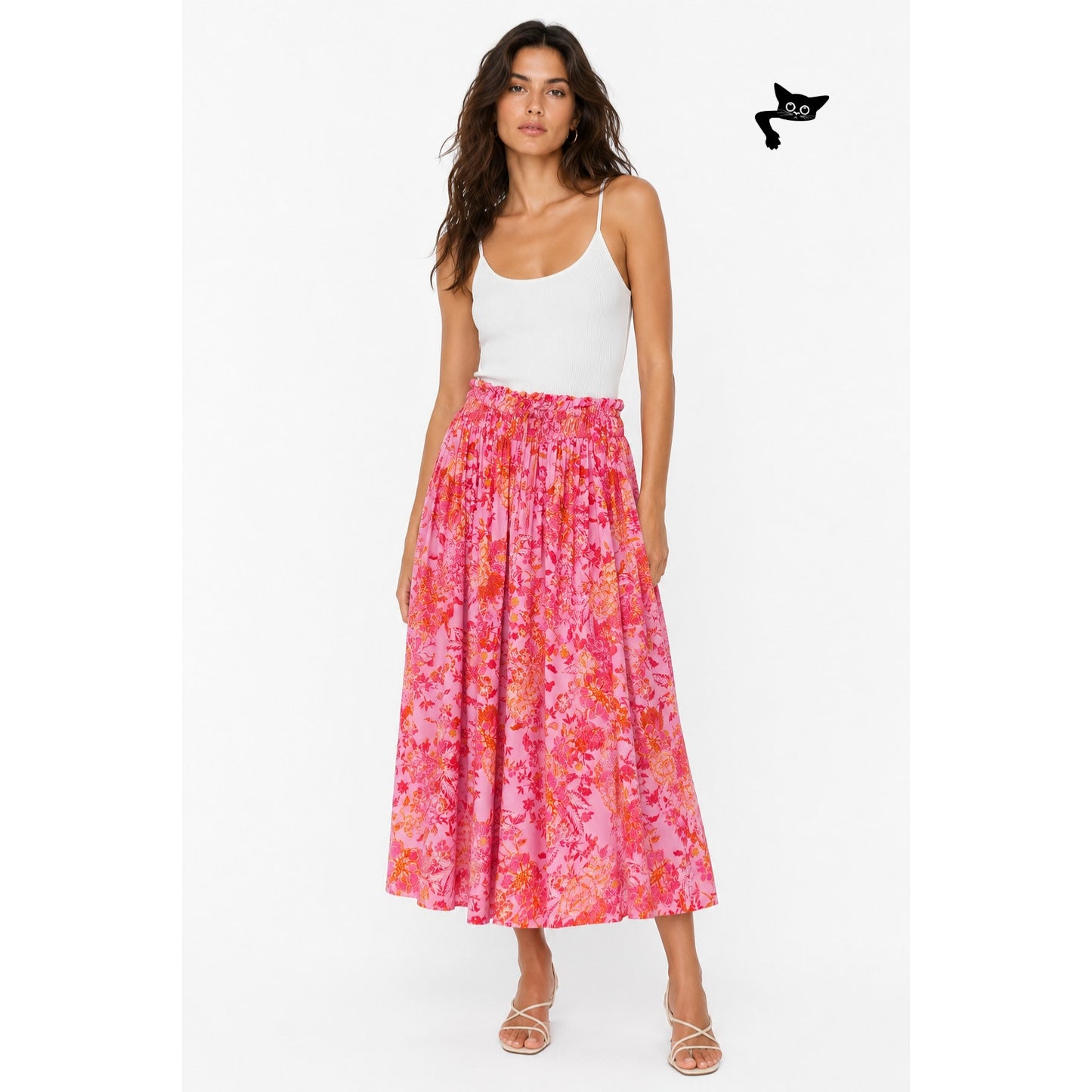 Xirena Pink Tropical Floral Ruched Tie Waist Midi Skirt M