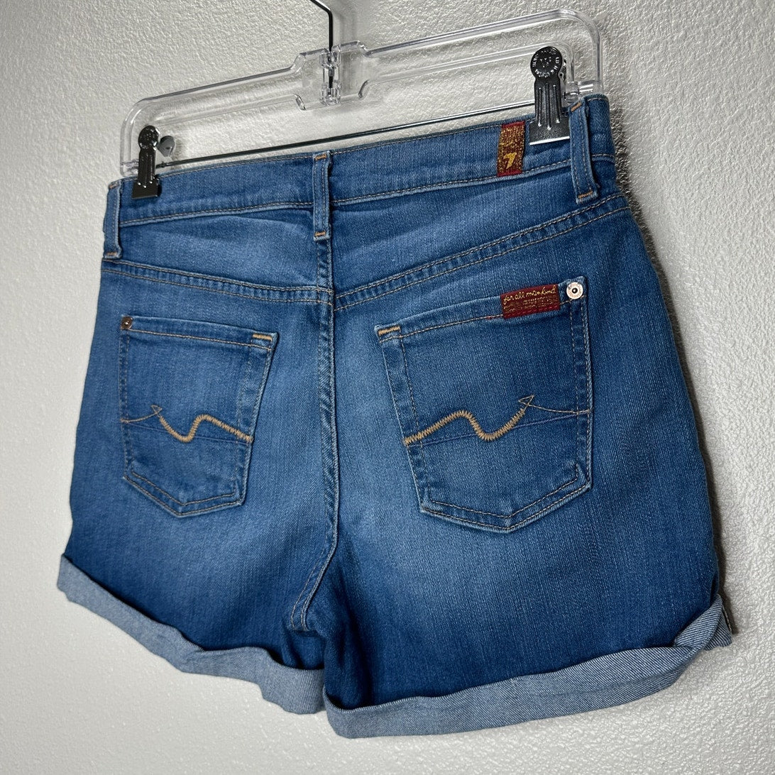 7 For All Mankind Medium Wash Mid Rise Button Fly Roll Up Cuff Jean Shorts 26