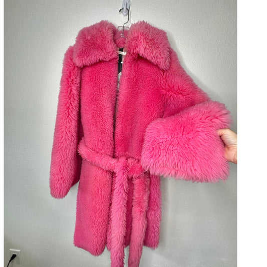 Celine Pink Shearling Belted Longline Coat Women’s Size 8
