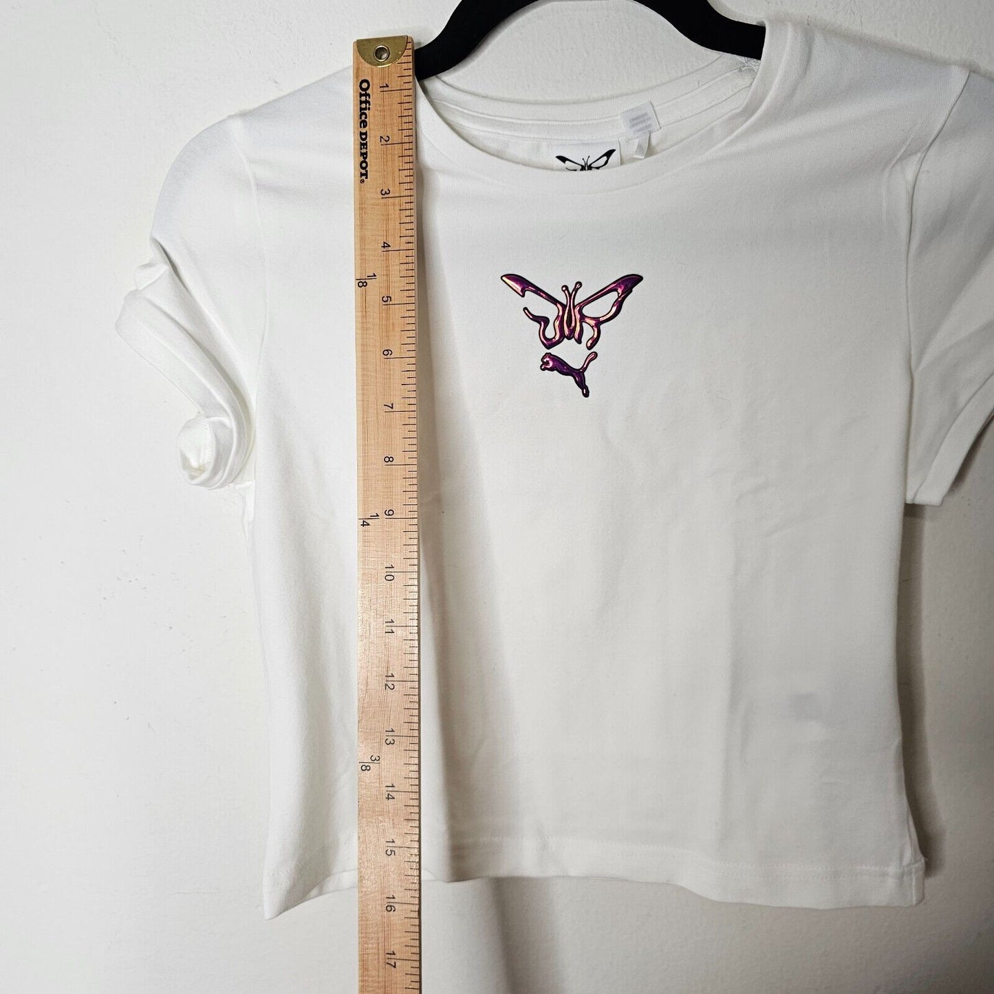 NWOT Puma X Dua Lipa White Babydoll Butterfly Puma Hologram Graphic Crop Tee SM
