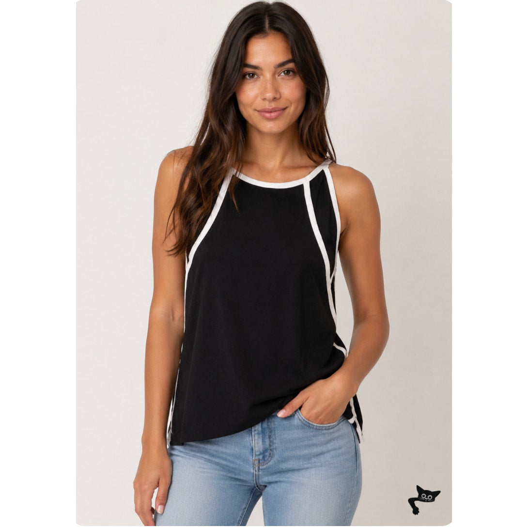 FATE Black & White Lined Stripe Tie Side Back Flowy Halter Blouse Top Small