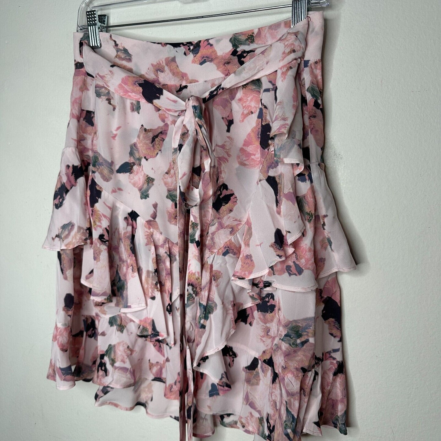 Iro Floral Light Pink Abstract Daring Wrap Flowy Layered Ruffled Mini Skirt 40