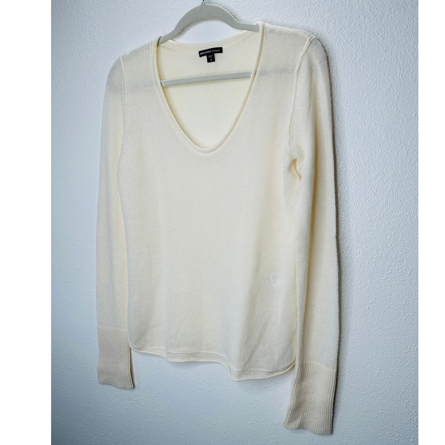 James Perse Cream Long Sleeve Scoop V Neck Cashmere Sweater 4 / XL