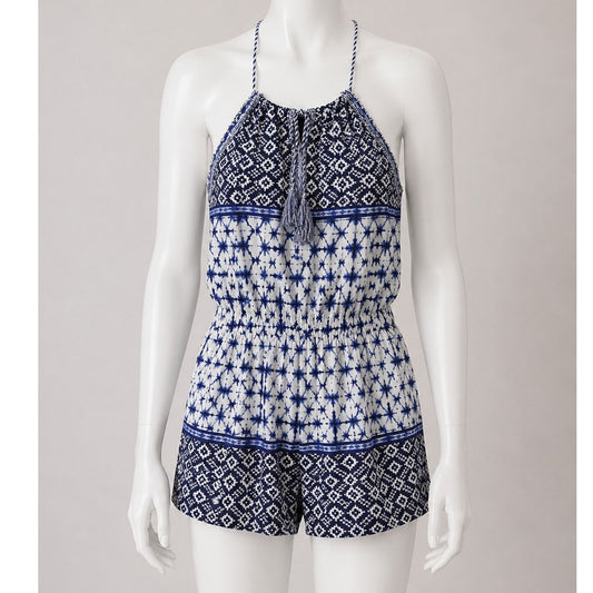 BB Dakota Beale Blue White Aztec Tie Dye Halter Tassel Tie Romper Pockets Small