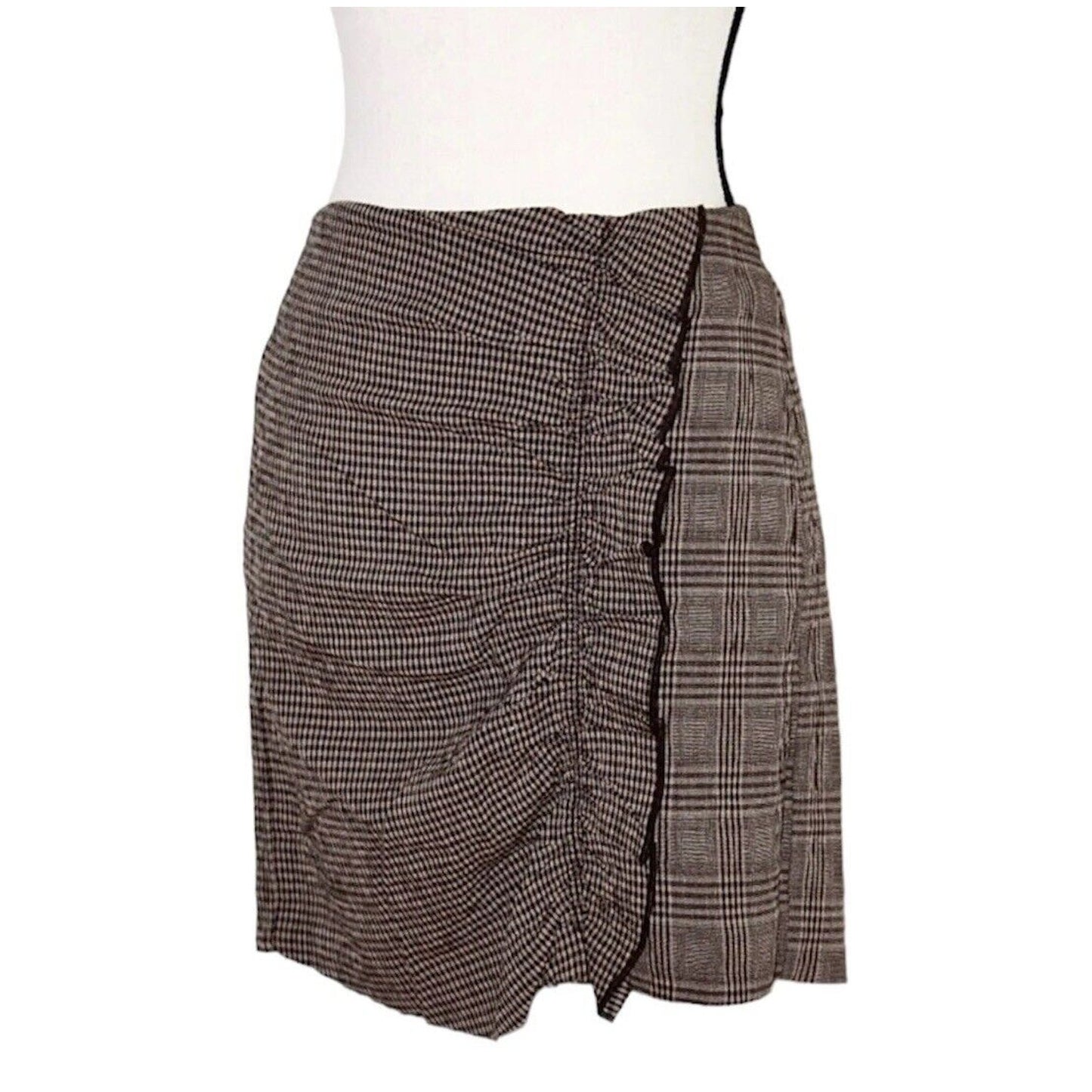 Mango Brown Plaid Checkerboard Mix Fabric Side Ruffle ALine Back Zip Skirt Med