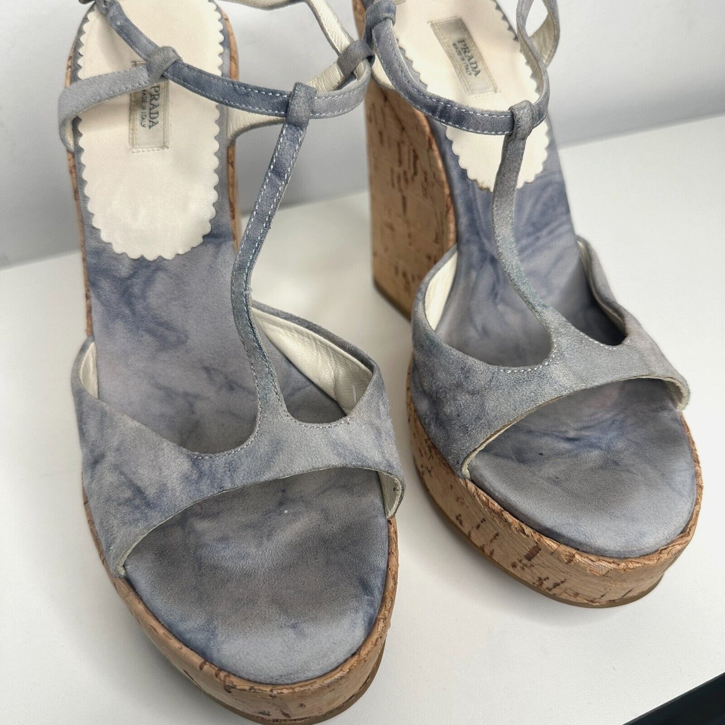 Prada Tie Dye Light Blue Suede Tan Cork Wedge Sandals Ankle Espadrilles 38