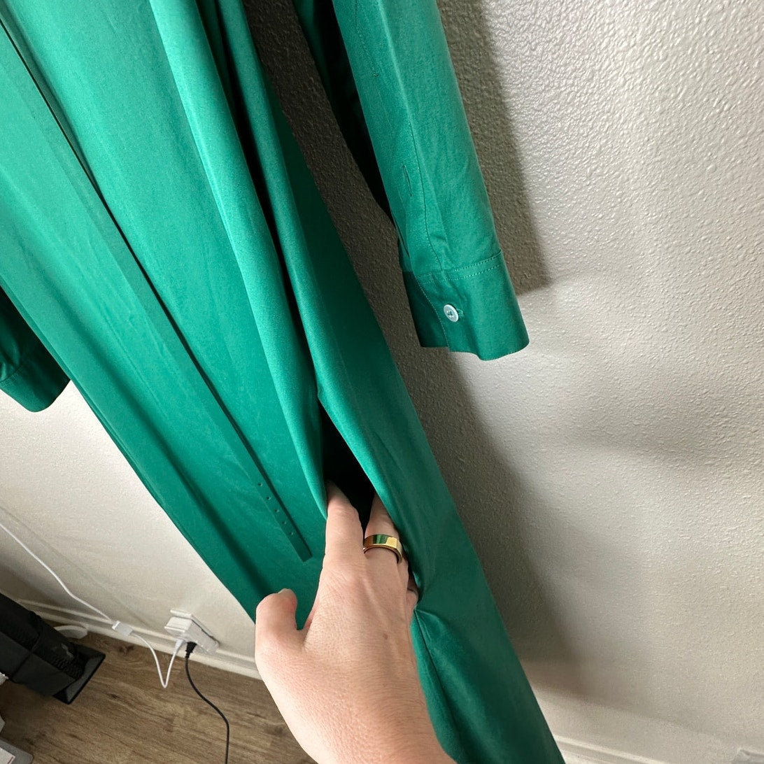 NWT The Row Green Tanita Long Sleeve 3/4 Button Collared Belted Shirtdress L