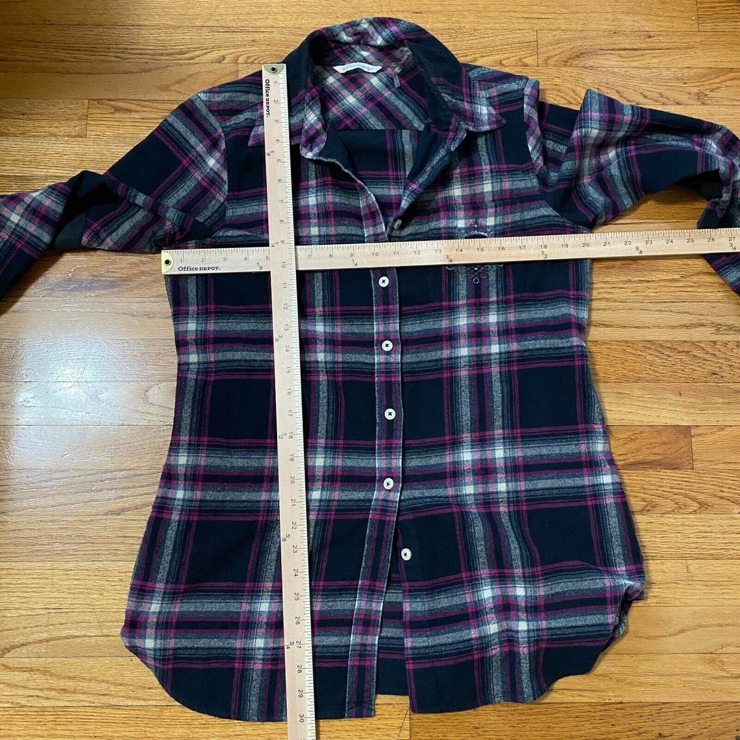 Soft Surroundings Magenta Black Plaid Button Elbow Patch Embroidered Pocket M