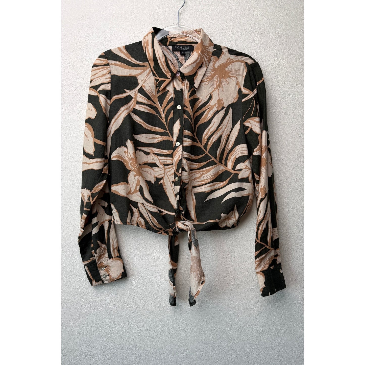 Rachel Zoe Black Tan Floral Tie Front Shirt Womens M