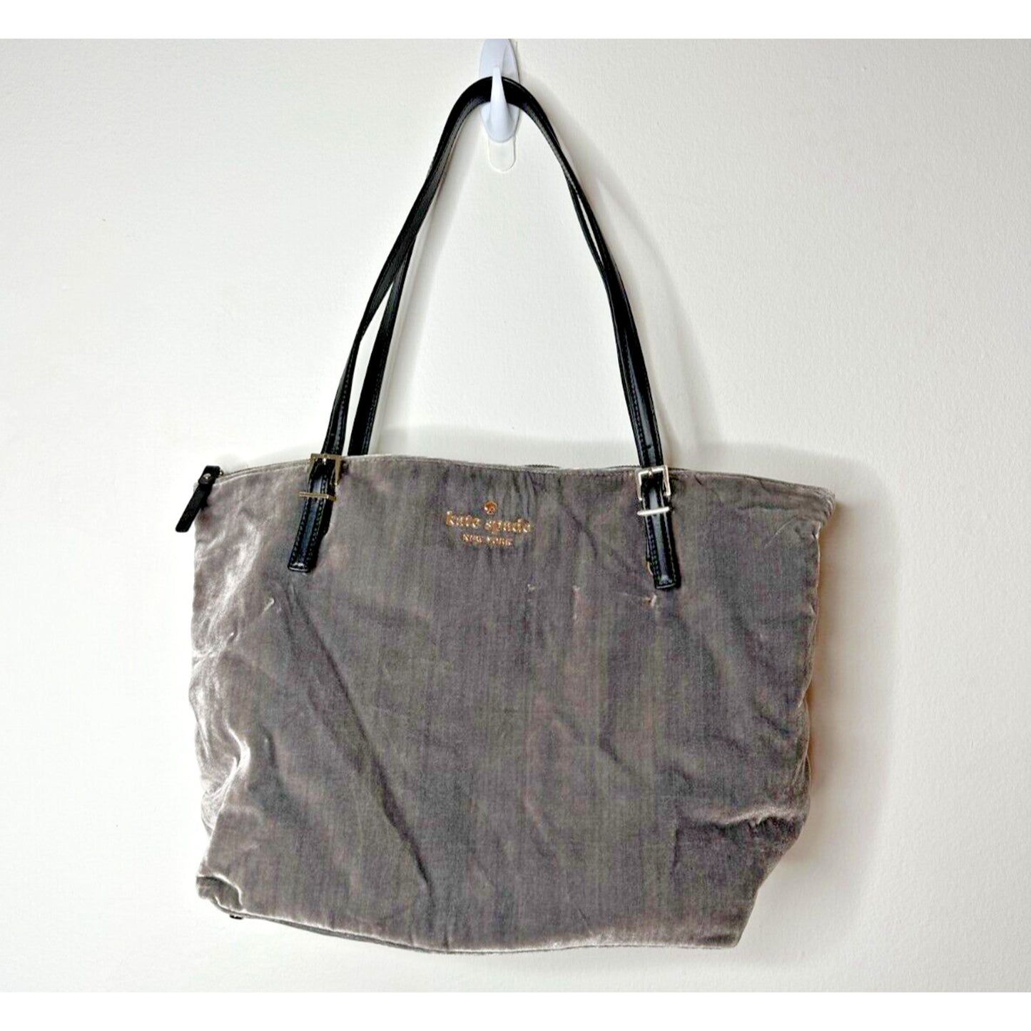 NWOT Kate Spade Dark Gray Kona Dawn Place Velvet Leather Handle Tote Bag L
