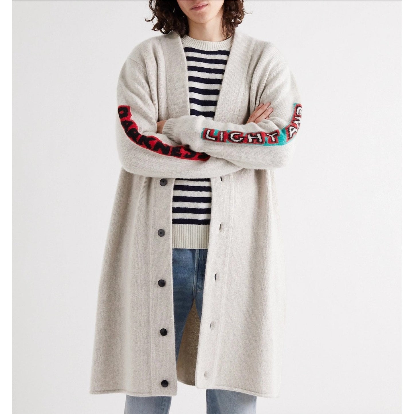 The Elder Statesman Tan Intarsia Long Line Cashmere Cardigan L