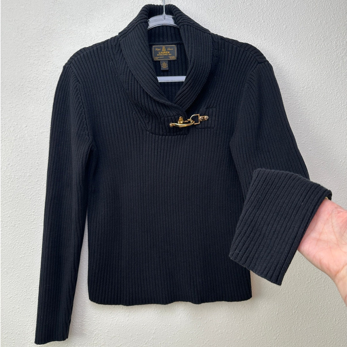 Ralph Lauren Black Ribbed Sweater with Gold Buckle Detail L