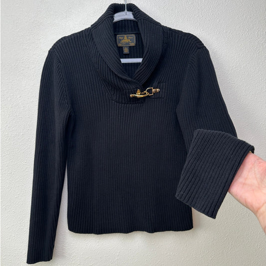 Ralph Lauren Black Ribbed Sweater with Gold Buckle Detail L