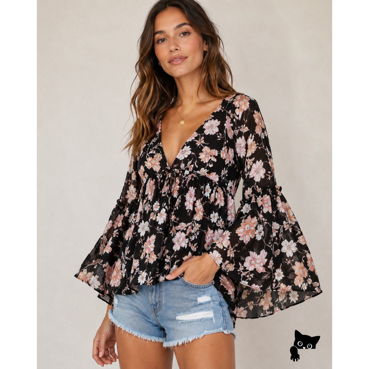 NWT Amuse Society Black Peach Pink Floral Long Bell Sleeve VNeck Boho Blouse SM