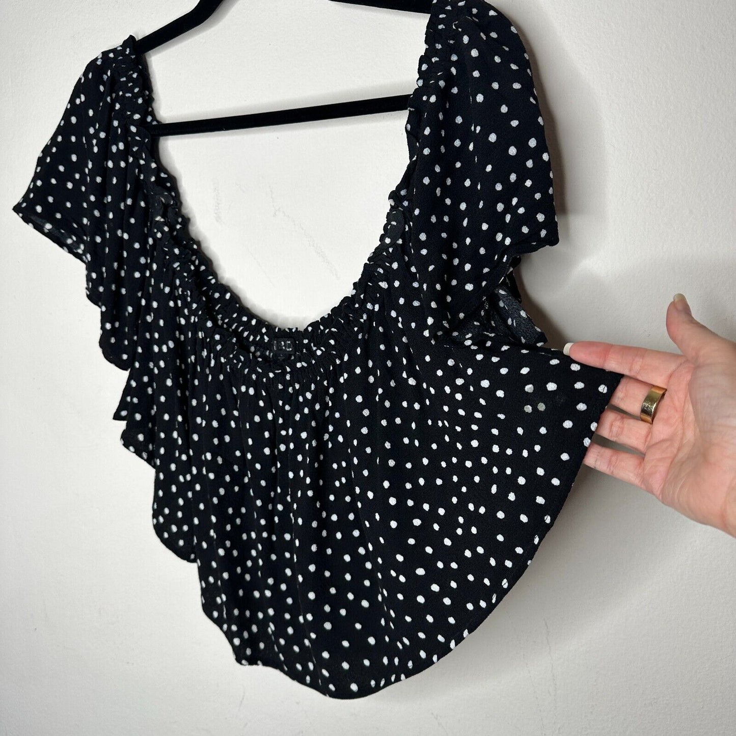 Revolve NBD Cute Black & White Polka Dot Off-Shoulder Ruffled Crop Top Blouse L