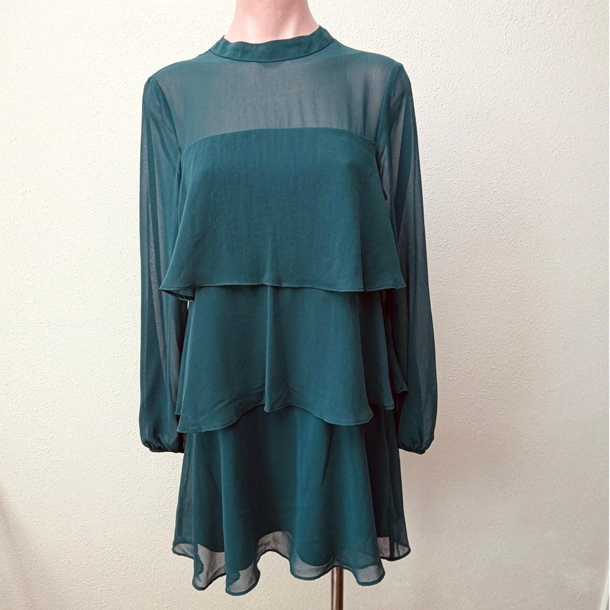 NWT Zara Green Chiffon Tiered Ruffle Long Sleeve Mini Dress Women's US S