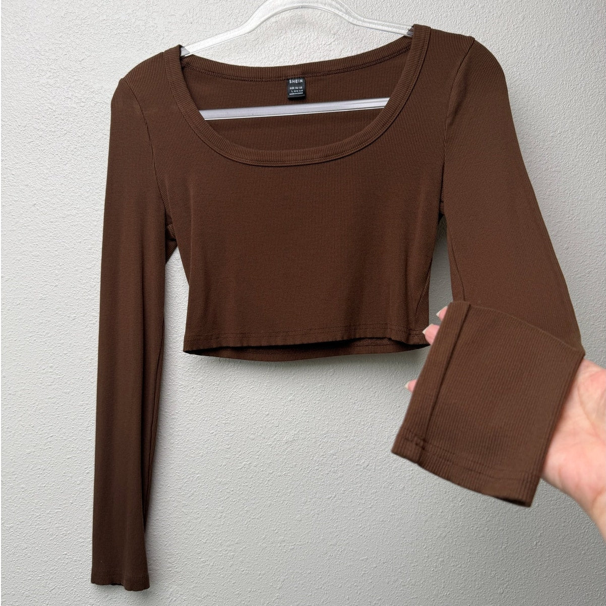 SHEIN Brown Ribbed Long Sleeve Square Neck Crop Top Size L
