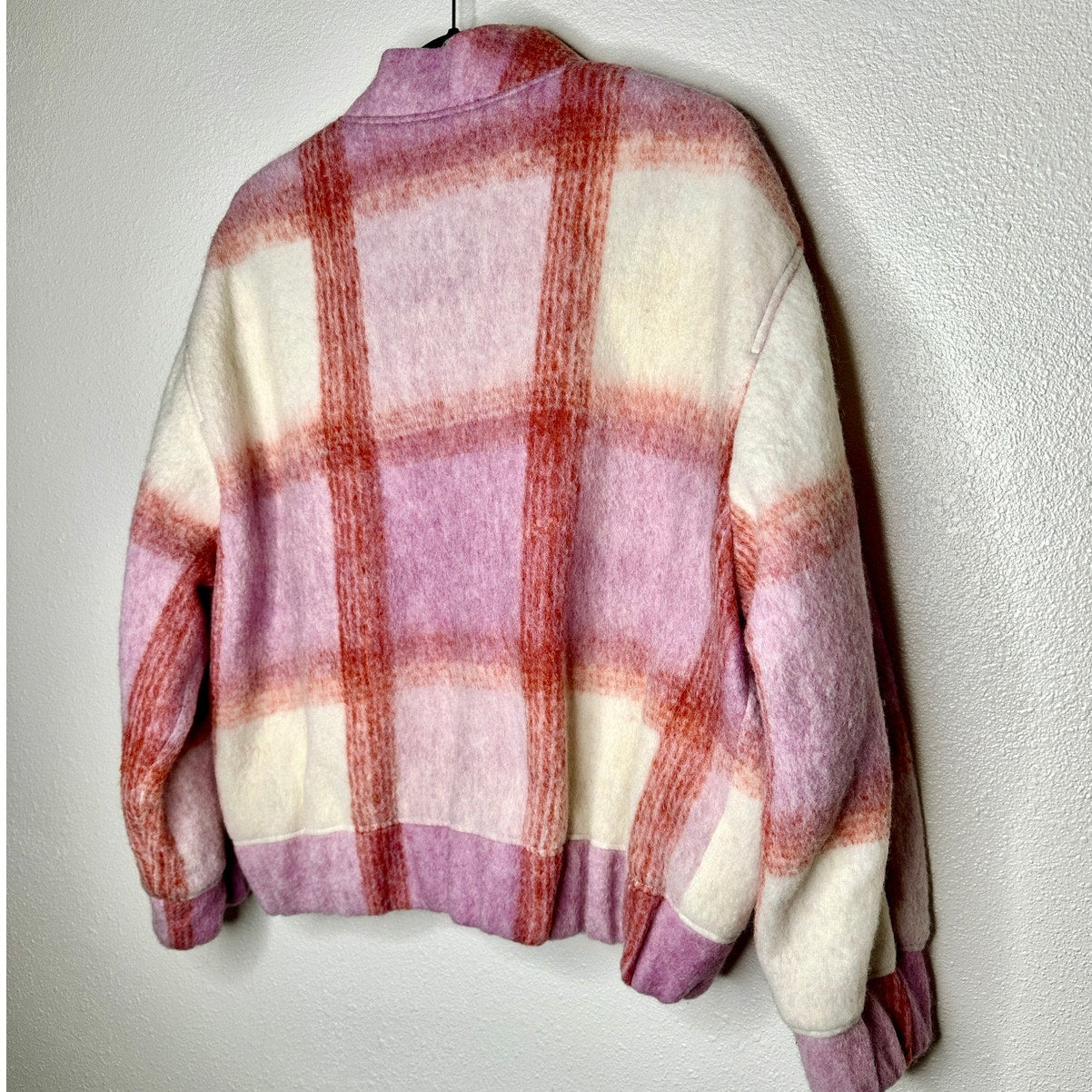 IRO Lahiana Biker Jacket Pink Tartan Plaid Long Sleeve Wool Bomber 40 / M