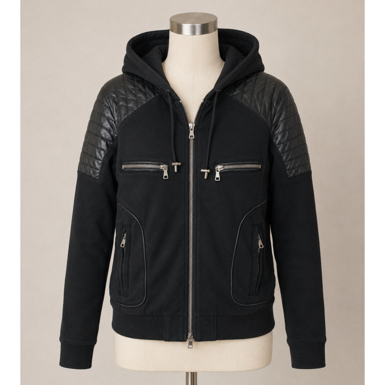 FUC Balmain Black Moto Hoodie Jacket Quilted Leather Shoulder Zip Sweatshirt M