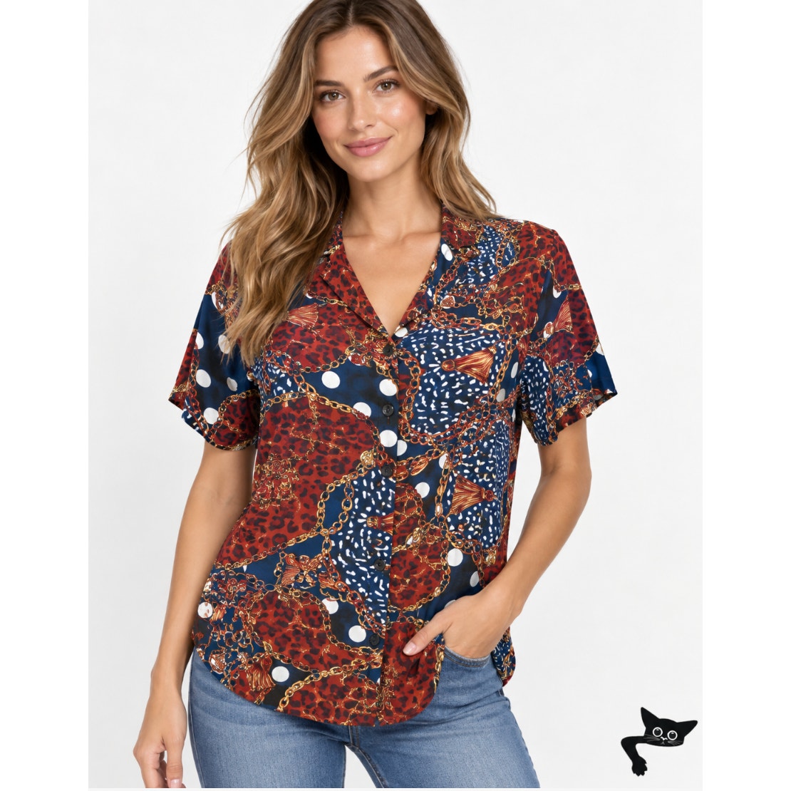 Inamorata Burgundy Leopard-Link Short Sleeve Button Down El Camino Shirt XS / S