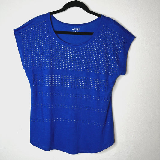 Apt.9 Royal Blue Silver Rhinestone Front Embellished Stripe Short Sleeve Top M