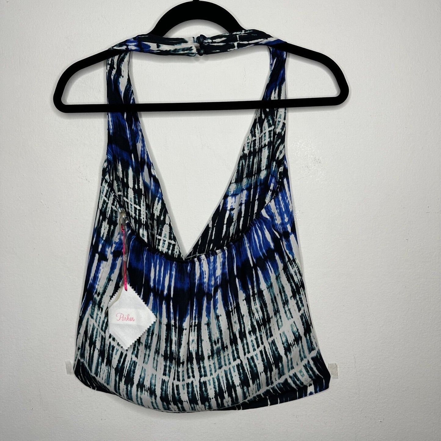 Parker Blue White Black Wales Tie Dye 100% Silk Wrap Halter Top Button VNeck L