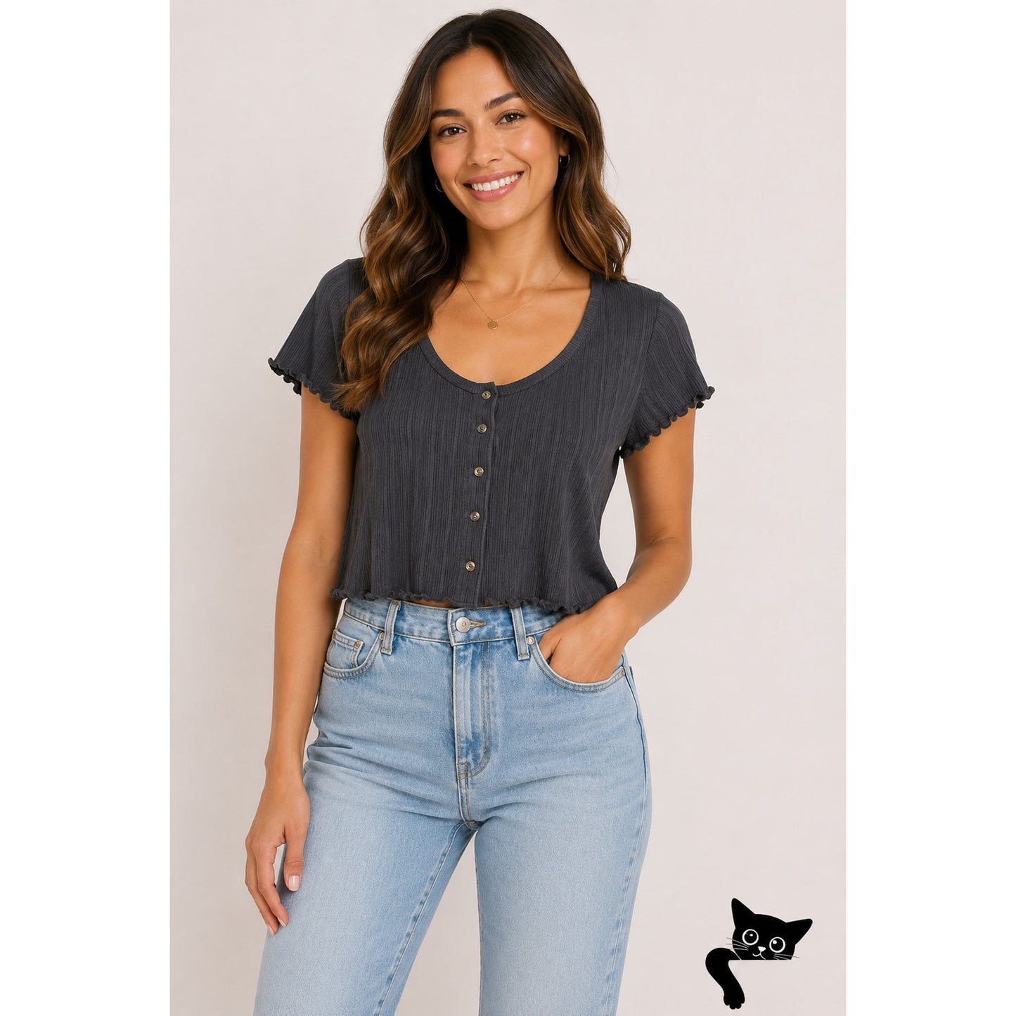 Project Social T Lettuce Edge Rib Knit Button Short Sleeve Scoop Neck Blouse XL