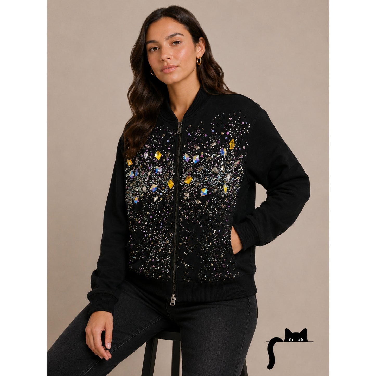 Libertine Black Rhinestone Multicolor Encrusted Zip Jacket XL
