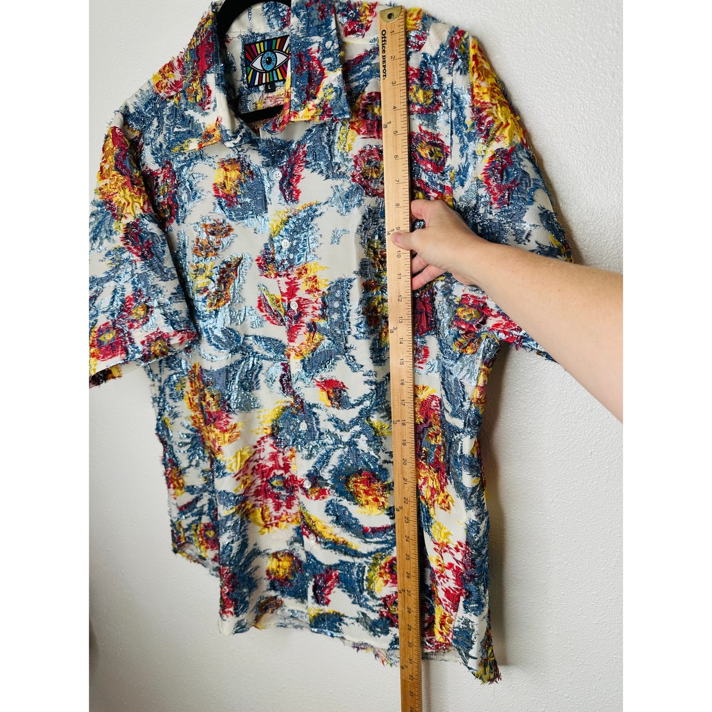 Libertine Cream Red Blue Gold Metallic Embroidered Button Down Short Sleeve Shirt L