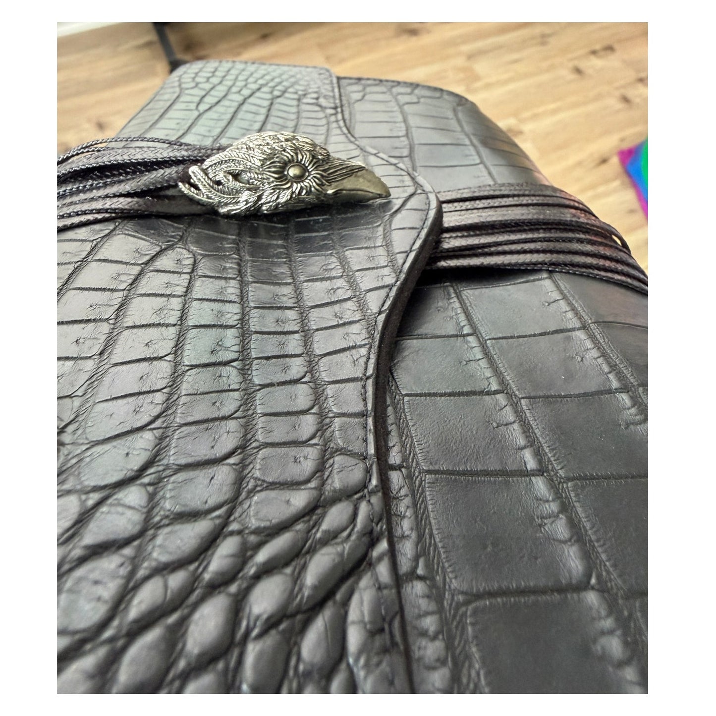 RARE Raven Kauffman Couture Black Croc Leather Bird Head Envelope Clutch Bag