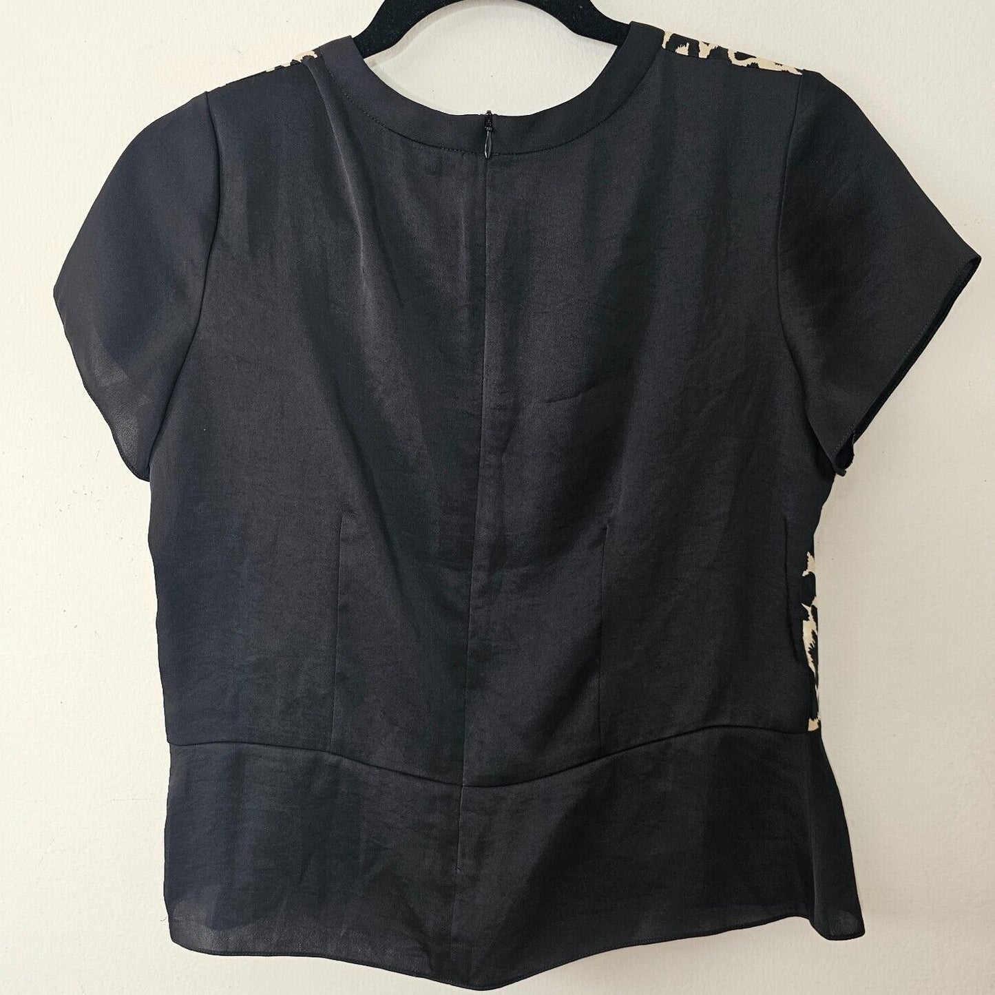 ASV Asava Black & Cheetah Print Satin Short Sleeve Back Zip Peplum Blouse 8