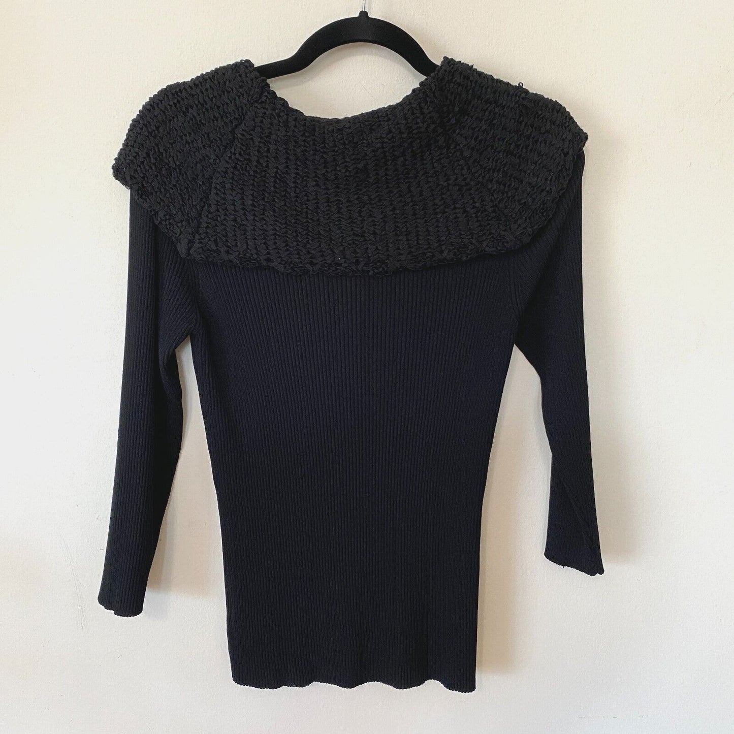 Black Long Sleeve Stretchy Blouse Shawl Cowel Crochet Wide Neckline Medium