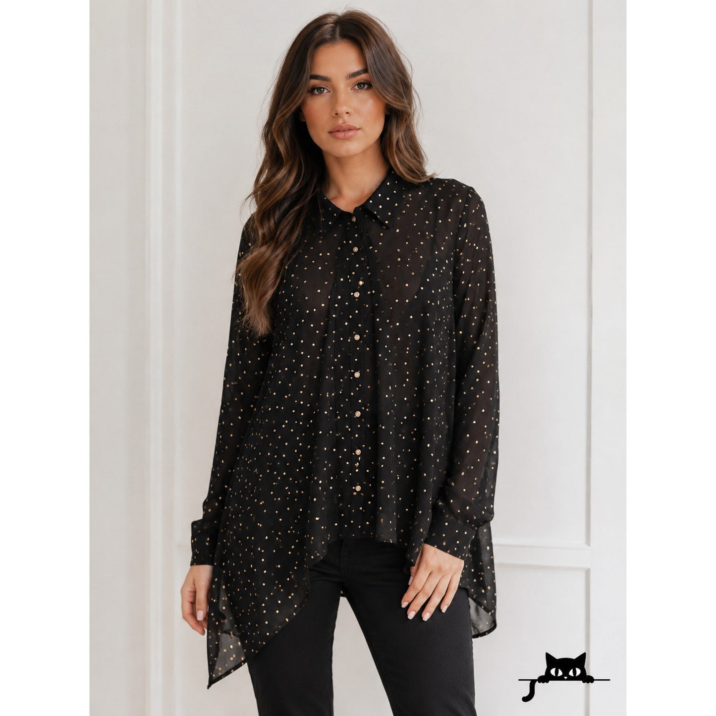 Cartise Black and Gold Polka Dot Button Down Shirt Sheer Front Overlay Panel 14