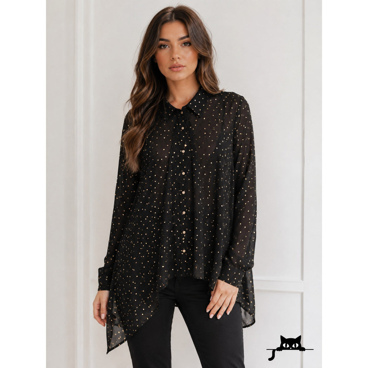 Cartise Black and Gold Polka Dot Button Down Shirt Sheer Front Overlay Panel 14