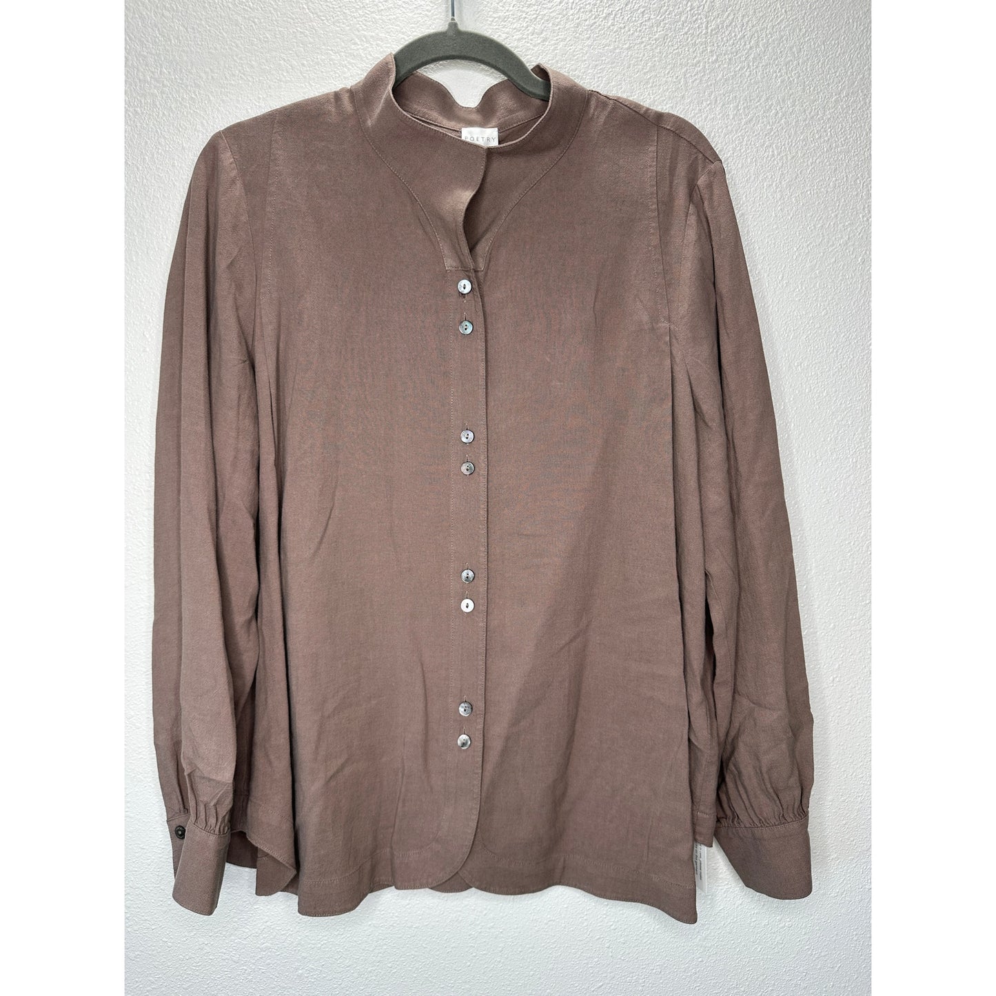 NWT Poetry Nut Brown Funnel Neck Double Button Front Long Sleeve Blouse 12