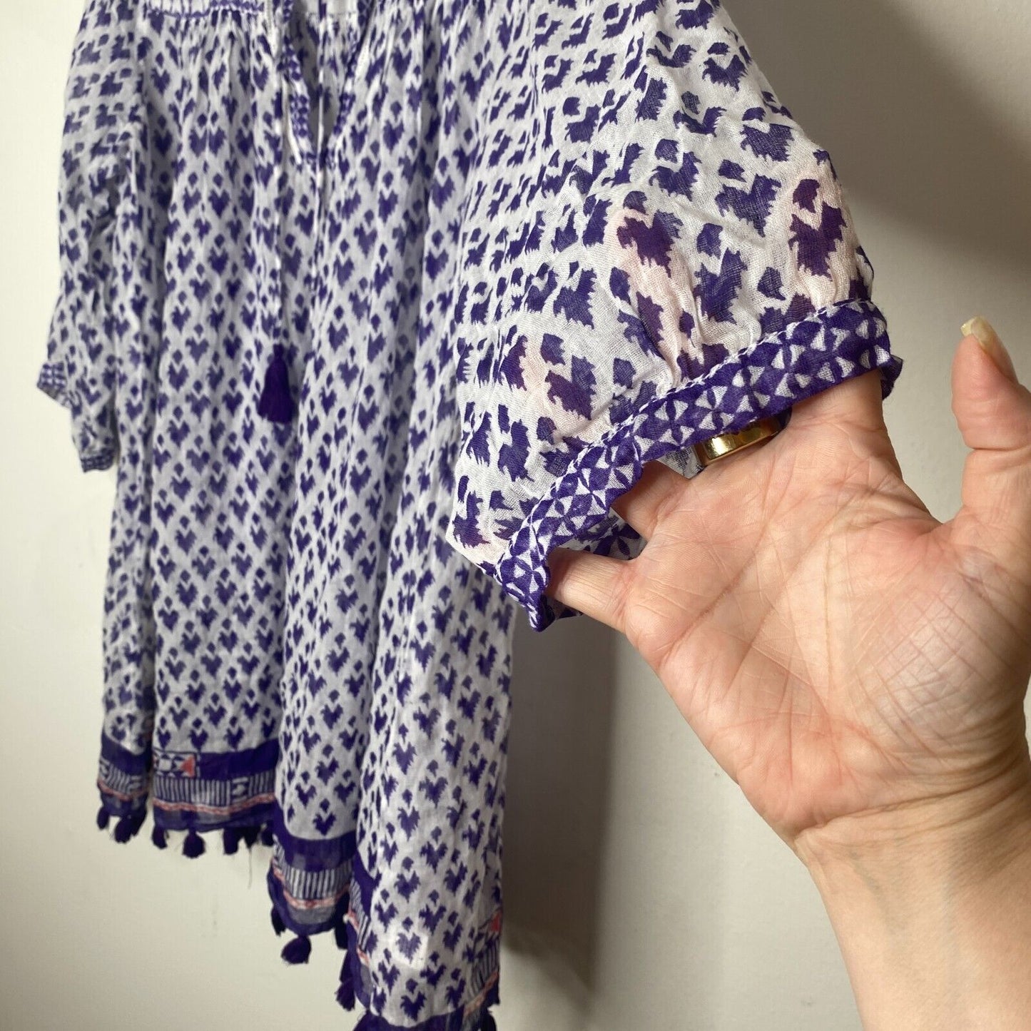 Roberta Roller Rabbit White Purple Sheer Serafina Pom Pom Tunic Top Tie Tassels