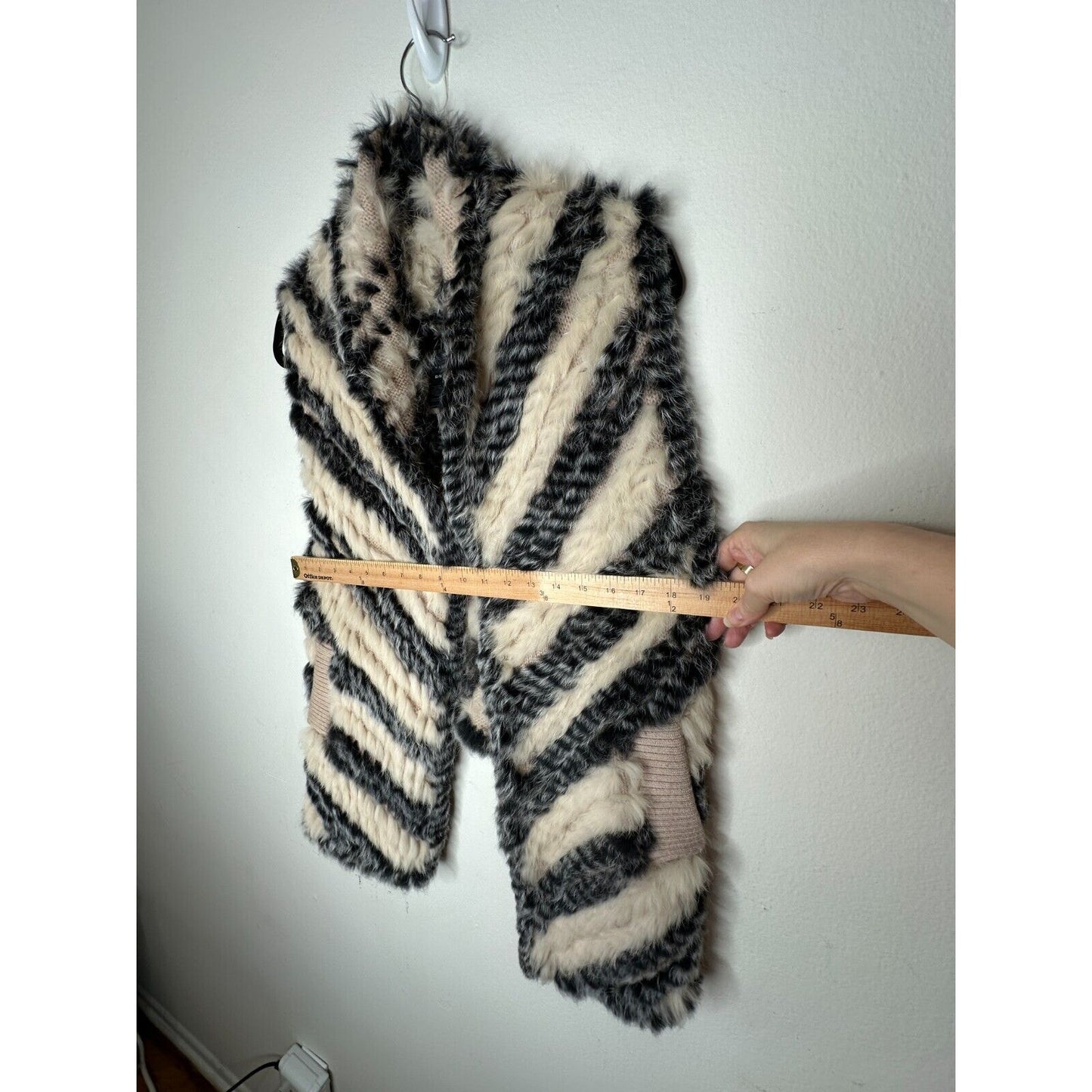 Marc by Marc Jacobs Cream Black Striped Knitted Soft Rabbit Fur Pocket Vest OS