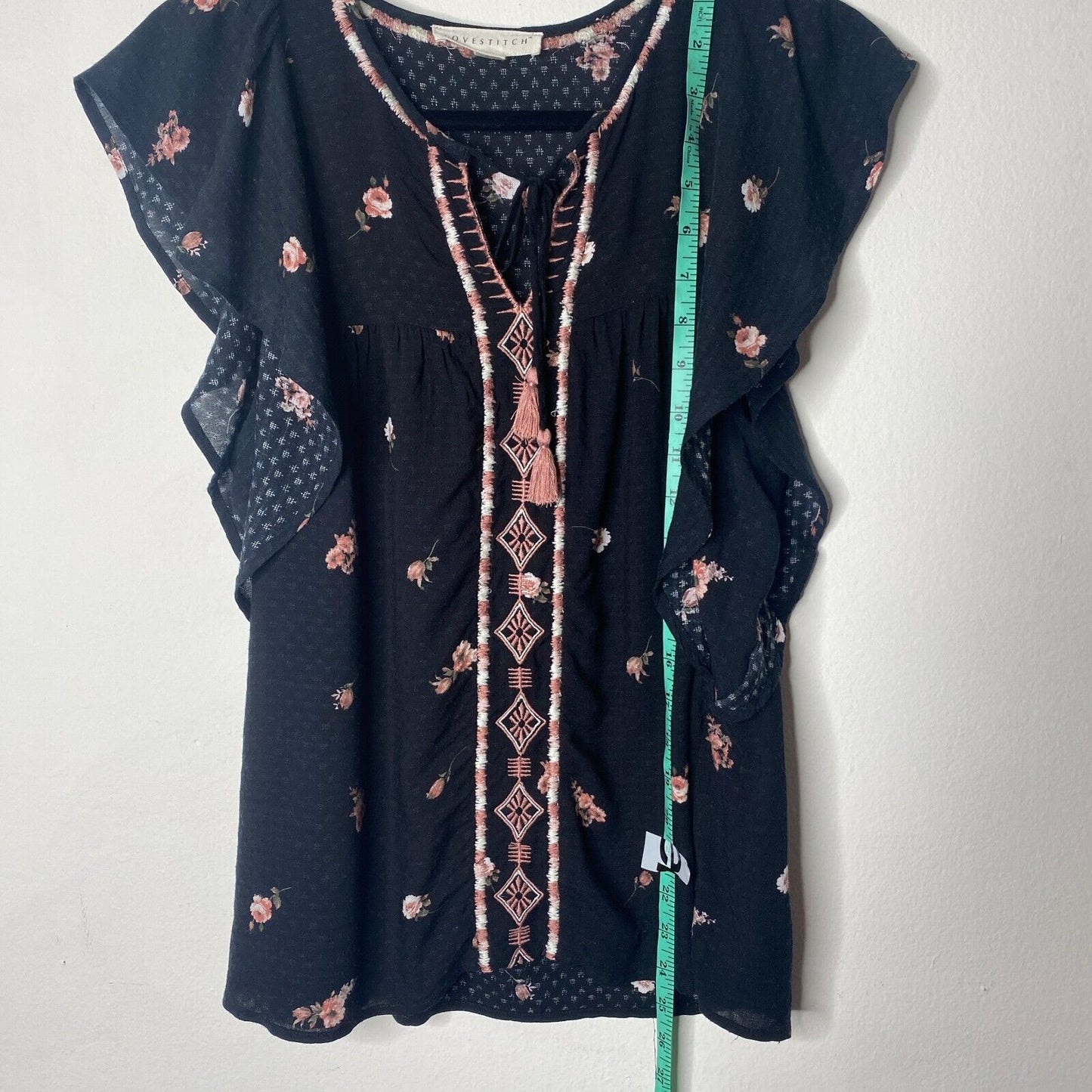 Lovestitch Black Pink White Floral Aztec Front Tie Side Ruffle Sleeveless Top SM