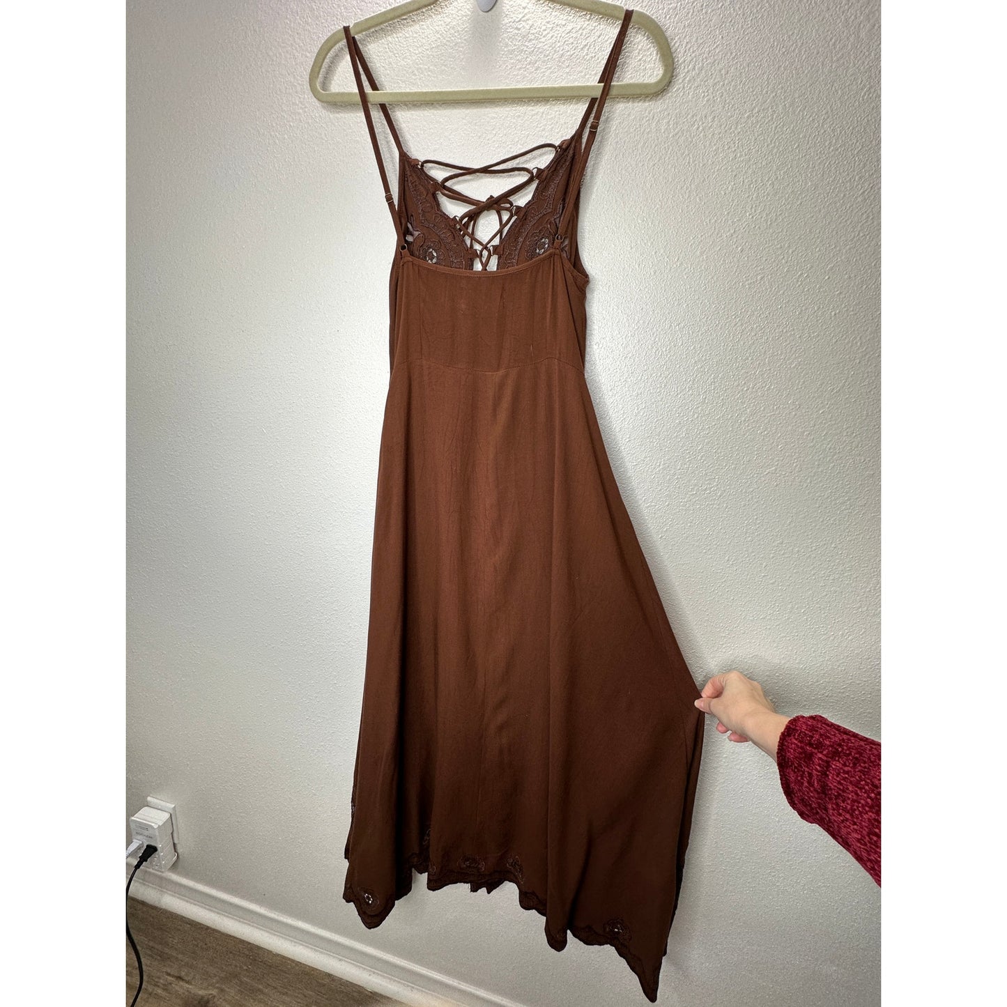 Cleobella Annie Chestnut Brown Lace Up Crochet Split Front Midi Dress XS