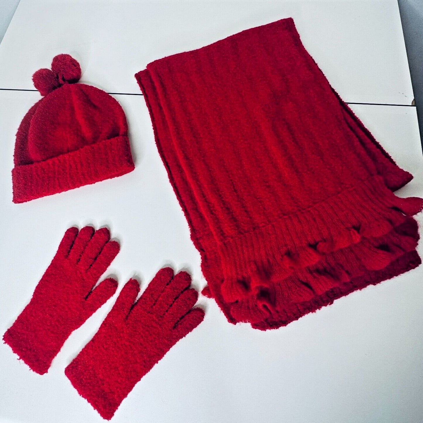 NWOT Moda Intl Cute Red Ribbed Winter Hat Scarf and Gloves Set Pom Poms OS