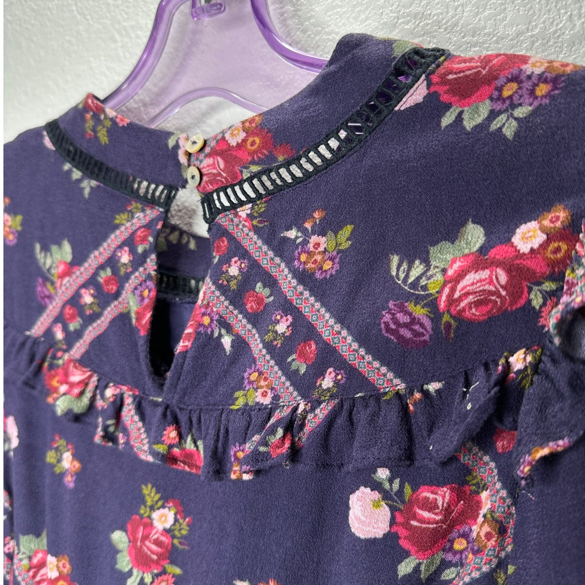 Rahi Cali Purple Multi Color Floral Print 3/4 Sleeve Ruffle Mini Dress XS