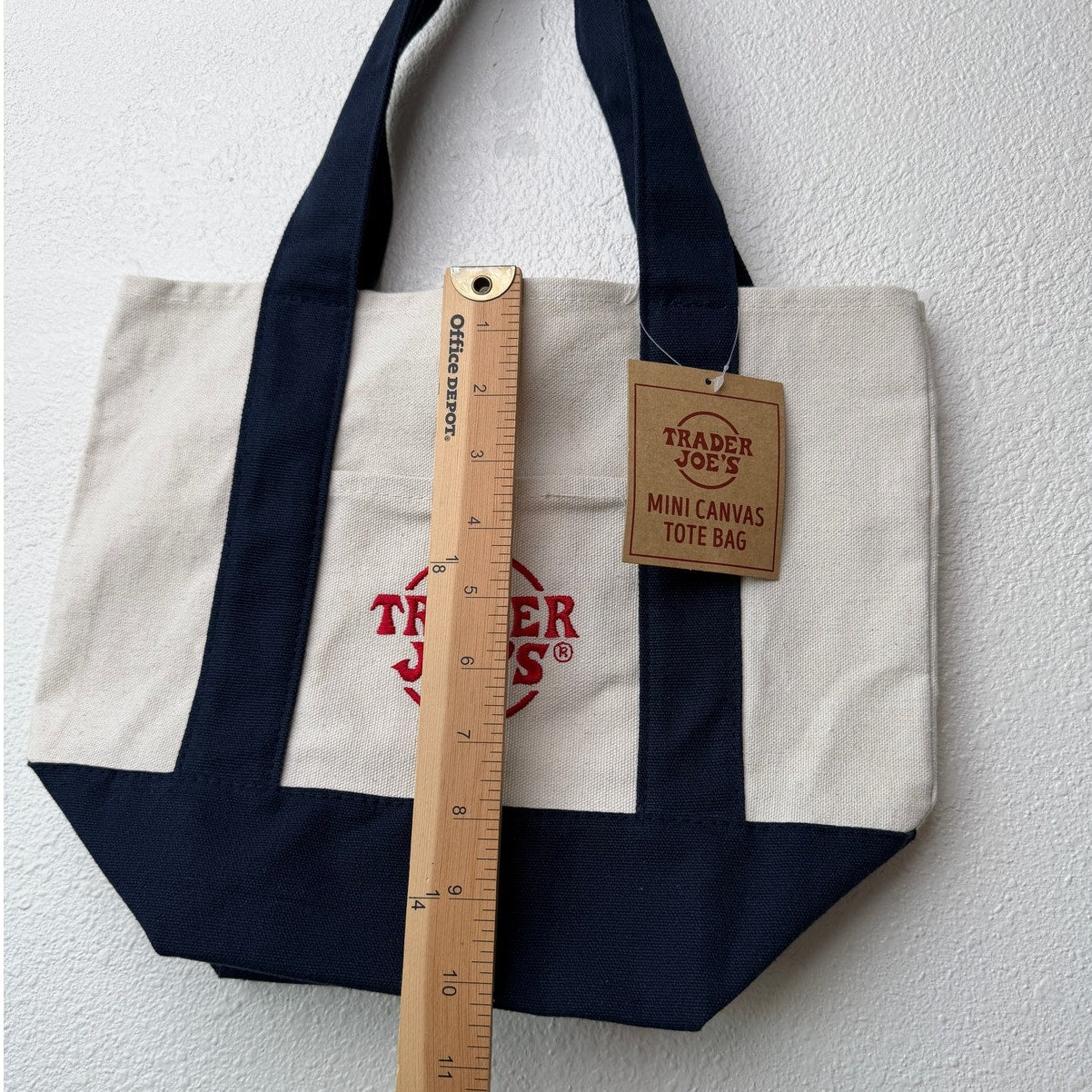 NWT Trader Joe’s Mini Canvas Tote Bag Navy Cream Red Logo Grocery Shopper