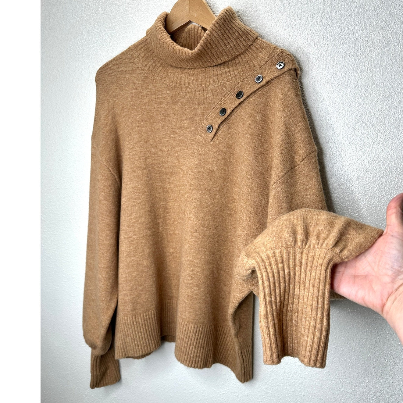 Marissa Webb Blake Camel Brown Button Cashmere Blend Turtleneck Sweater M