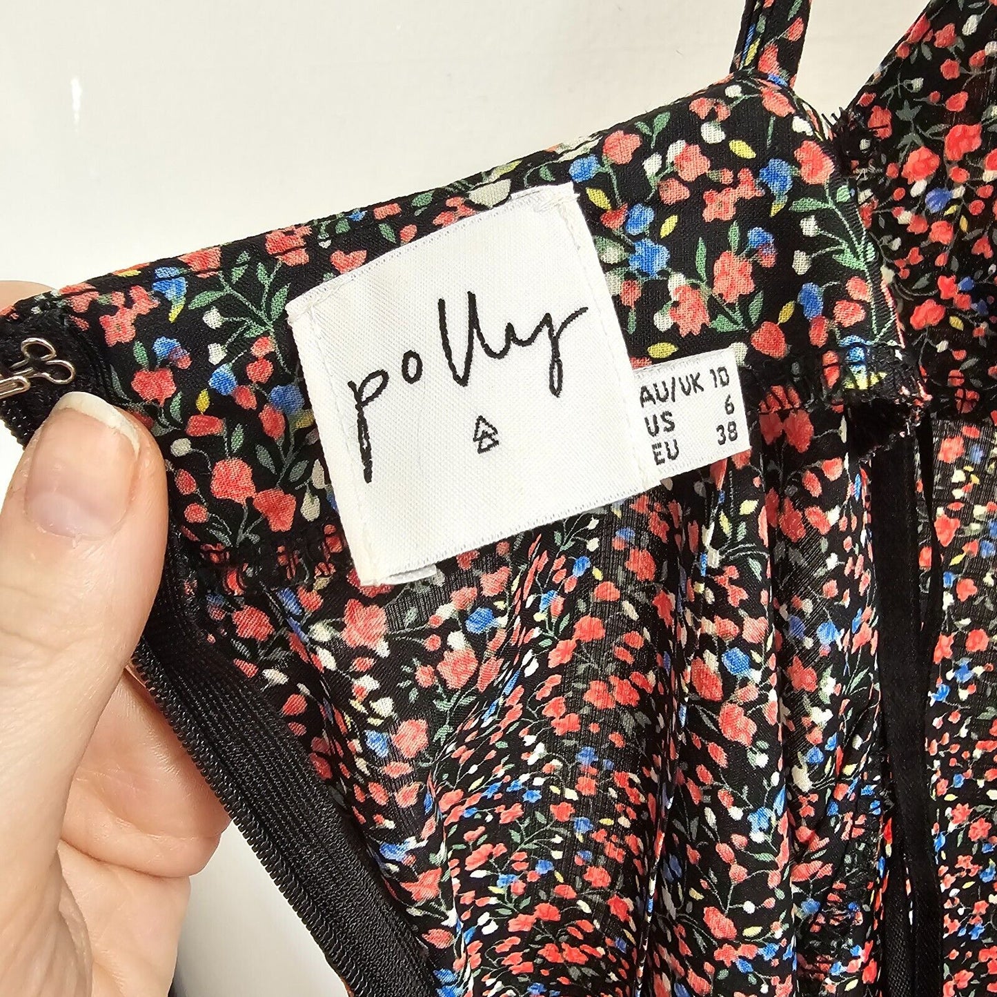 Polly Black Pink Blue Floral Print VNeck Spaghetti Strap Side Slit Dress 6