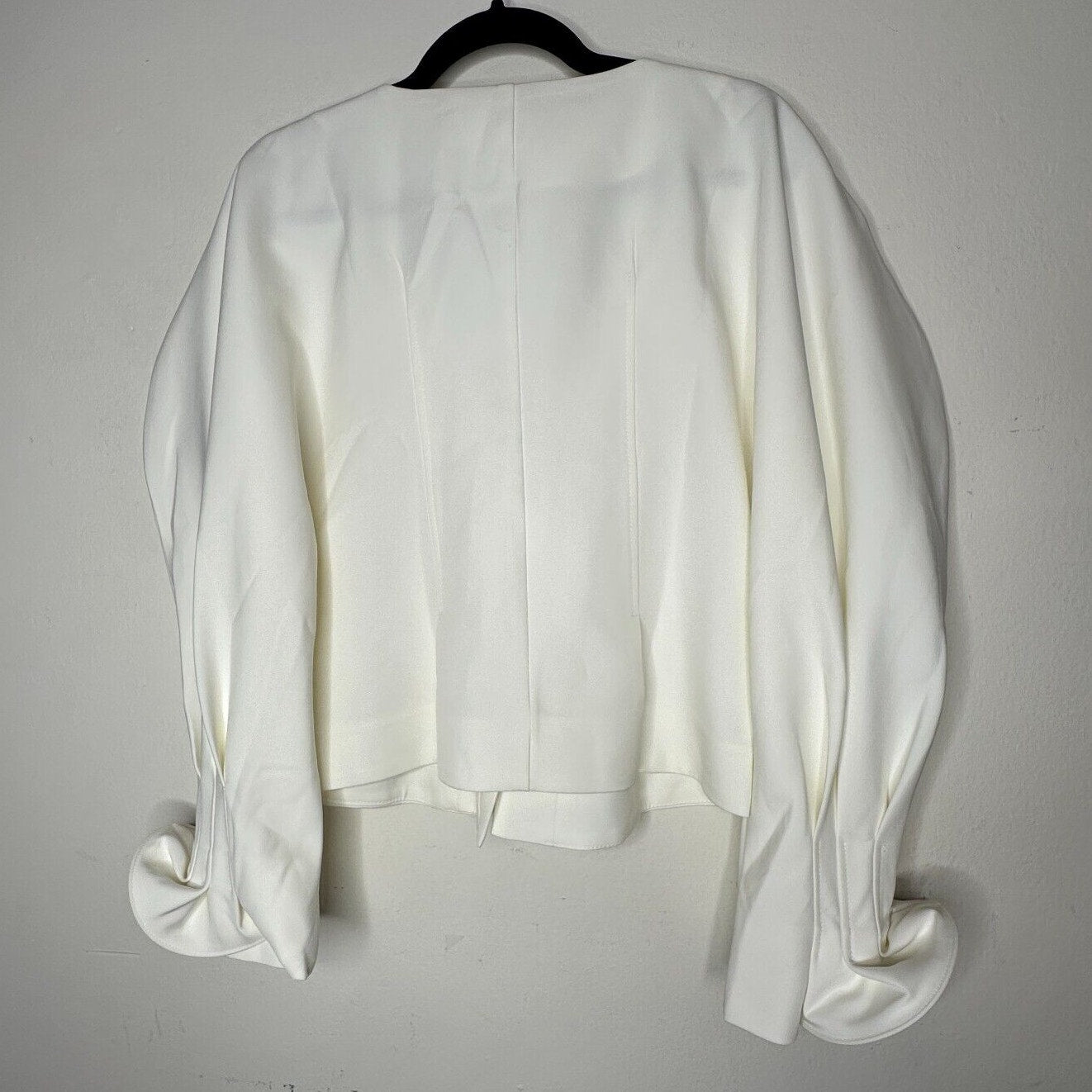 Cream V-Neck Loop & Button Front Balloon Pleated Cuff Sleeve Crop Blouse Med