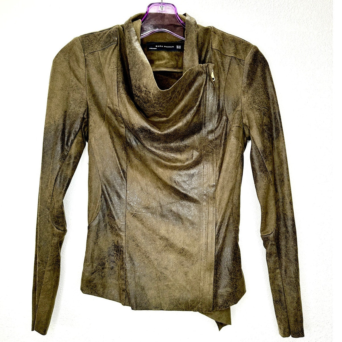 Zara Olive Green & Black Suede Long Sleeve Side Zip Cowel Neck Jacket XS