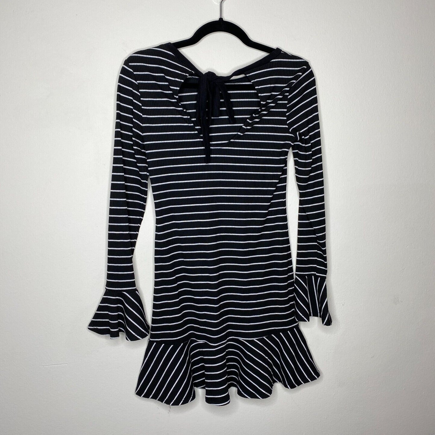 Saylor Black & White Stripe Tessa Bell Long Sleeve Keyhole Tie Knit Dress S