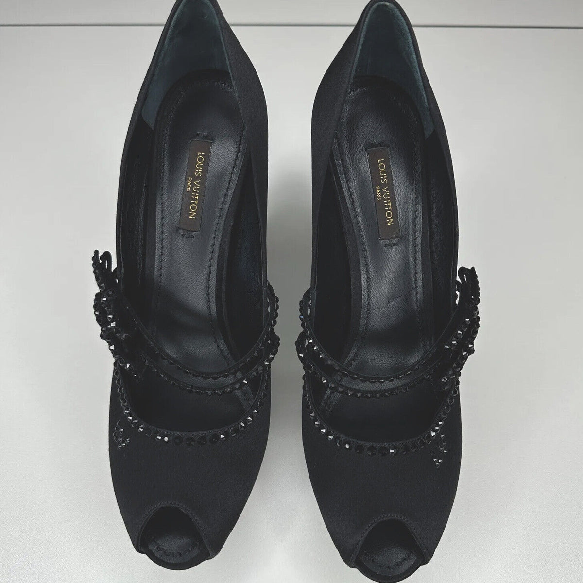 Louis Vuitton Vintage Black Satin Open Toe Crystal Strap Embellished Pumps 37.5