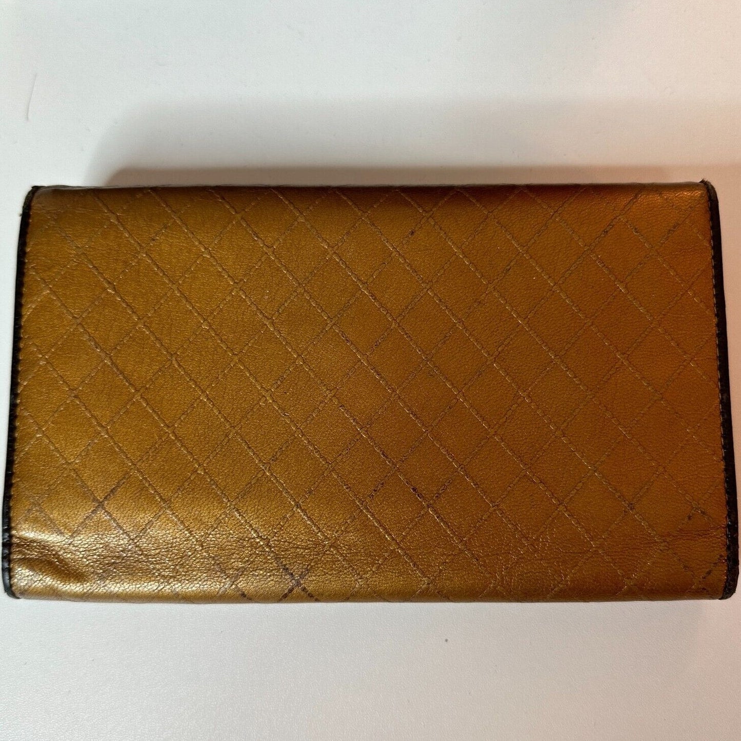 Authentic Chanel Tri-Fold Wallet Gold & Black Interior Trim Leather gold CC Logo